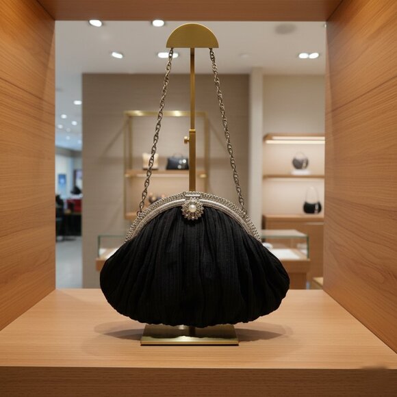 Vintage Pleated Evening Mini Bag Black Short Chain Elegant & Delicate - Picture 1 of 9